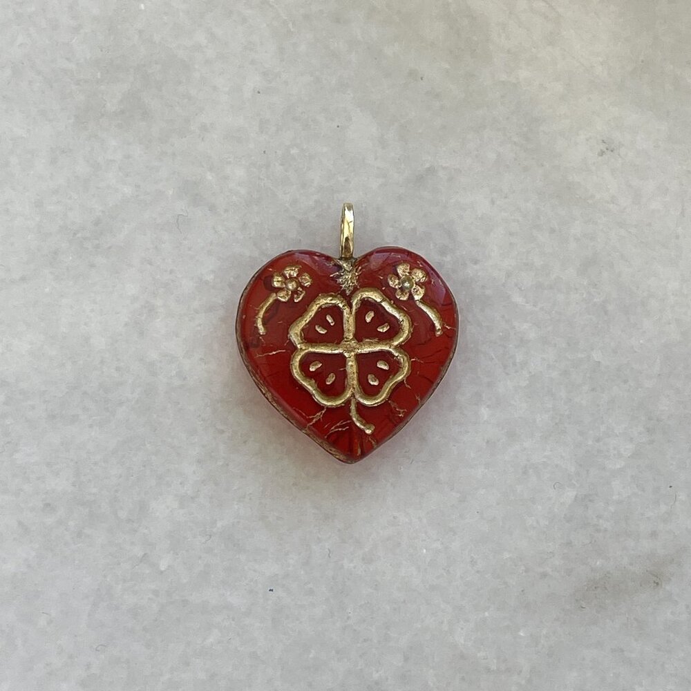 Solid 14K Yellow Gold Vintage Heart Four Leaf Clover Daisy Good Luck Charm